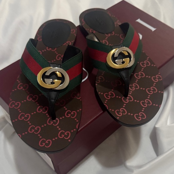 Gucci Shoes - Gucci Brown Monogram Flip Flop Sandals with Green and Red Web & Gold GG